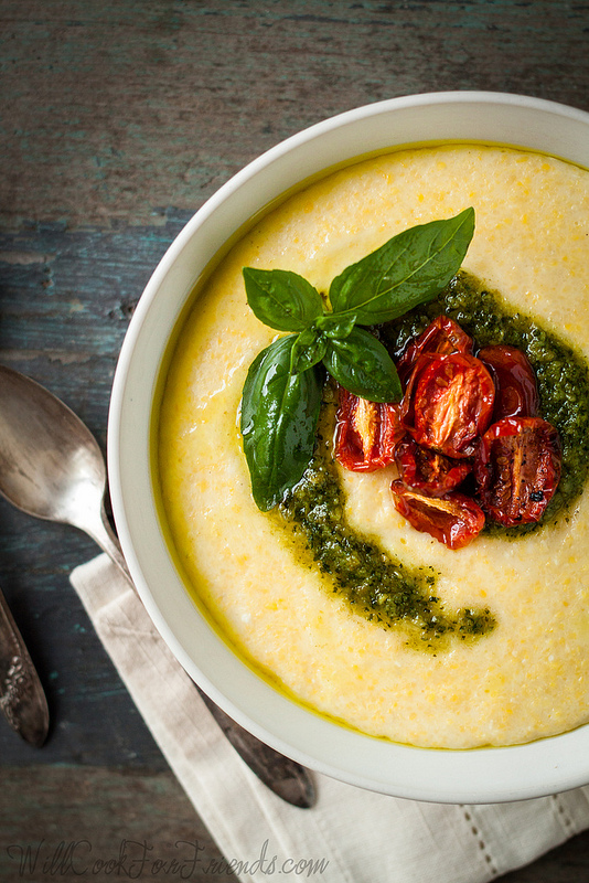 Creamy Cheddar Polenta with Pesto and Oven-Roasted Tomatoes - The Simple Life | WillCookForFriends