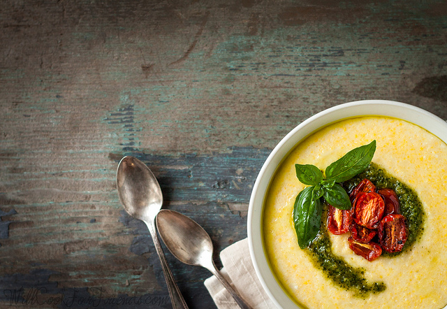 Creamy Cheddar Polenta with Pesto and Oven-Roasted Cherry Tomatoes - The Simple Life | WillCookForFriends