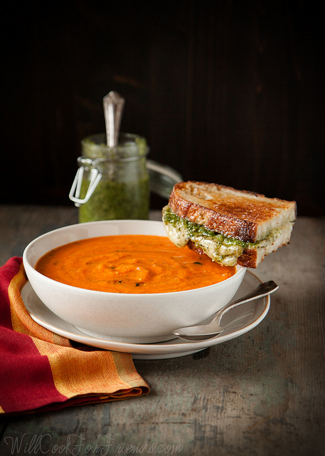 Garden Fresh Tomato Basil Soup with Pesto Grilled Cheese